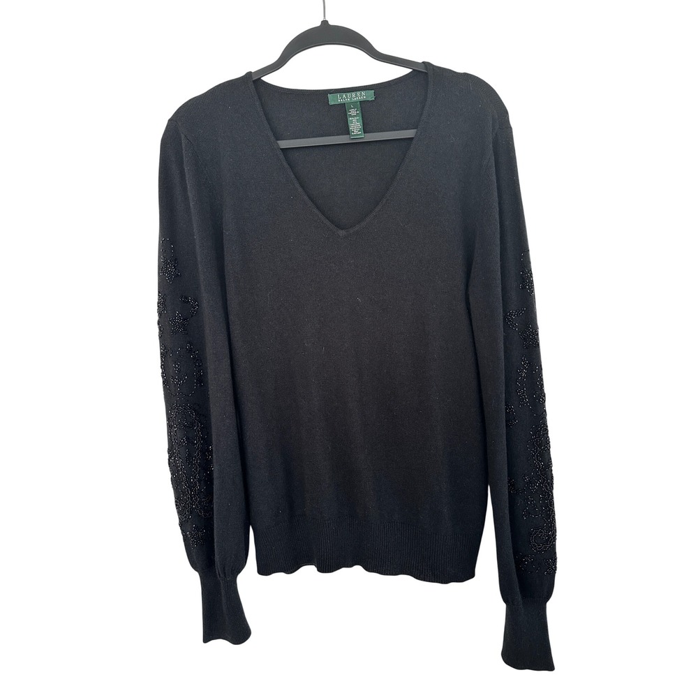 Lauren Ralph Lauren Black Silk Cashmere V-Neck Beaded Sleeve Sweater Small